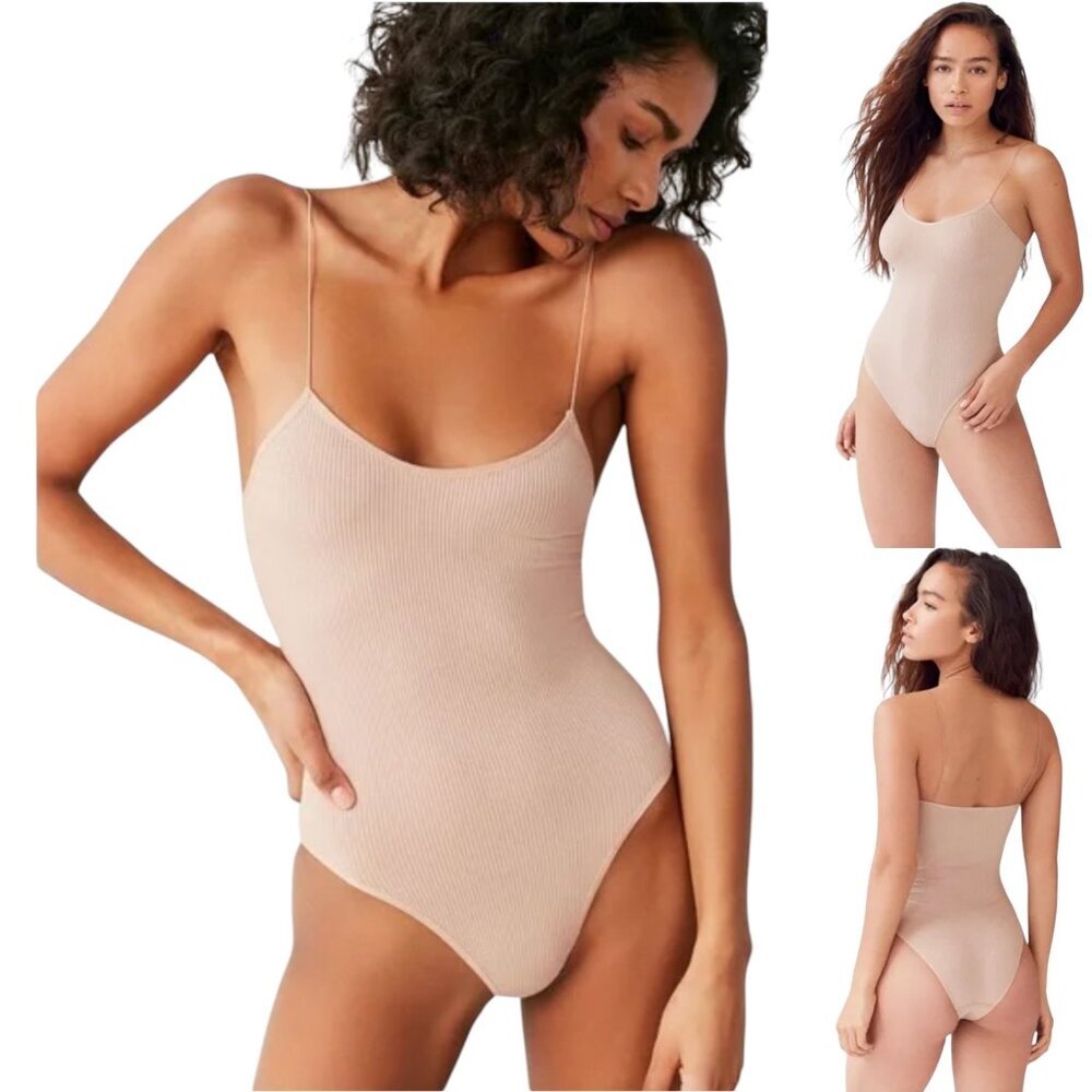 UO Out From Under Bungee Nude Seamless Rib Knit Stretchy Strap Bodysuit Small